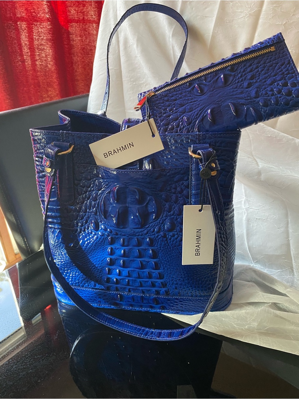 Brahmin Cobalt Blue Croc-Embossed Leather Tote with Matching Wristlet